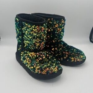 UGG Classic Short Sequin Boots Kids Sz 13 Black Green Iridescent Sparkle Glitter
